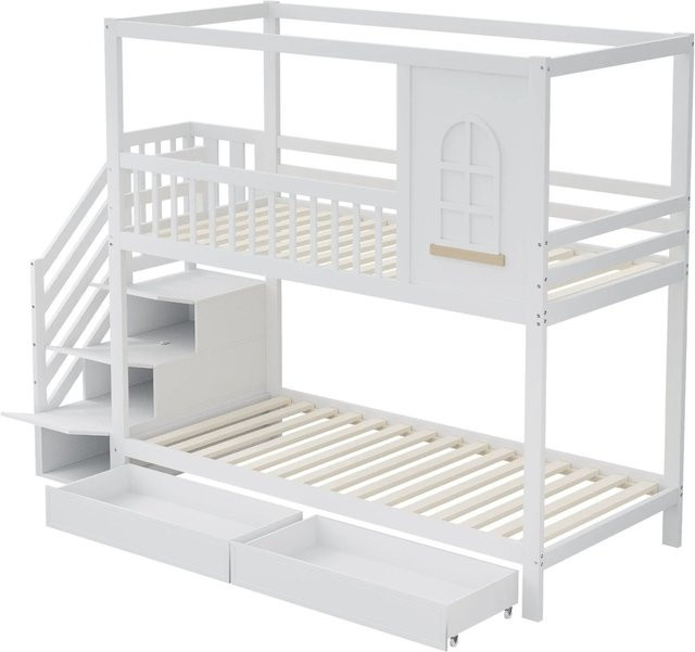 okwish Etagenbett für das Kinderzimmer in Weiß mit Fenstern, Schubladen und Treppe, B/T/H: 200 x 90 x 192 cm - Bild 1