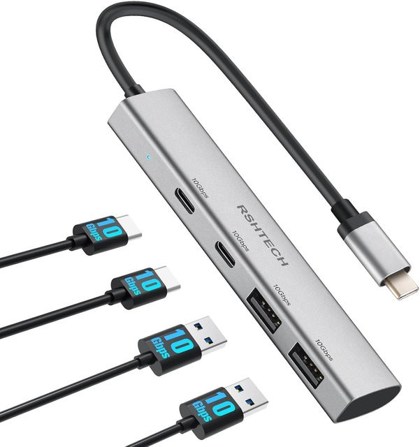 RSHTECH 4-Port USB-C 3.2 Gen 2 Hub mit 2 USB-C und 2 USB-A Anschlüssen, 10Gbps, tragbarer Aluminium USB-Verteiler für Laptop und MacBook, Silber - Bild 1