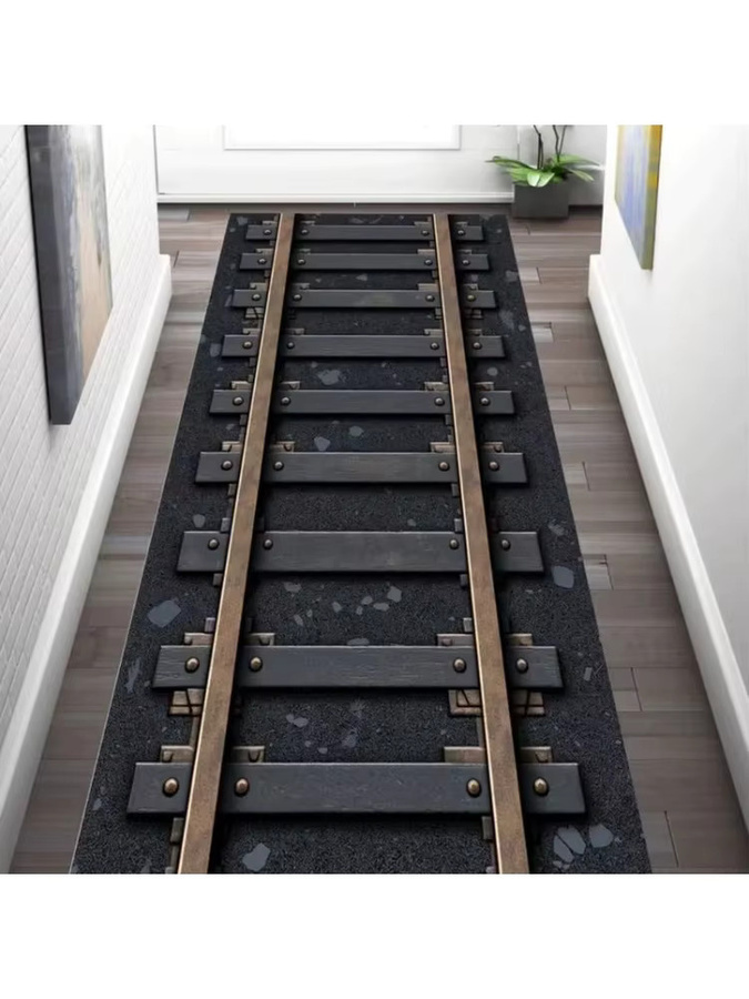 Patchly Eisenbahnschienen-Teppich in Schwarz, rechteckiger Teppich, rutschfest und waschbar - Bild 2