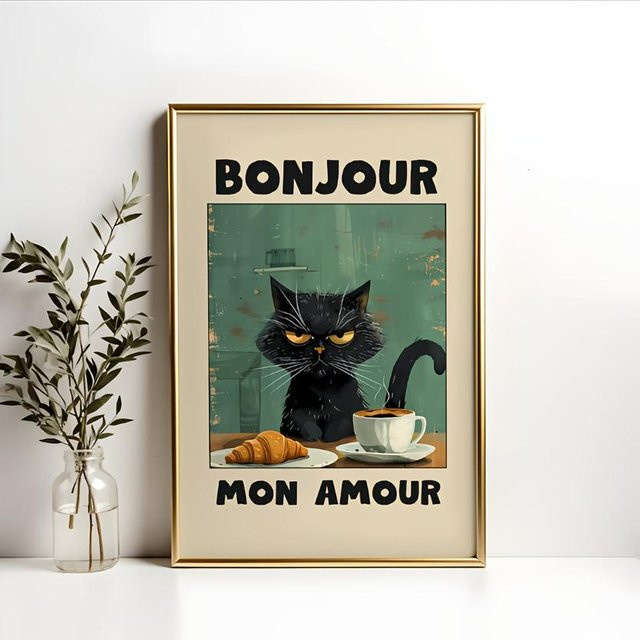 Modernes Leinwandbild Amour Schwarze Katze von Niveous Art Museum, ungerahmtes Wandbild mit Bonjour Mon Motiv in Schwarz und Grün, Breite: 60 cm, Höhe: 90 cm - Bild 1
