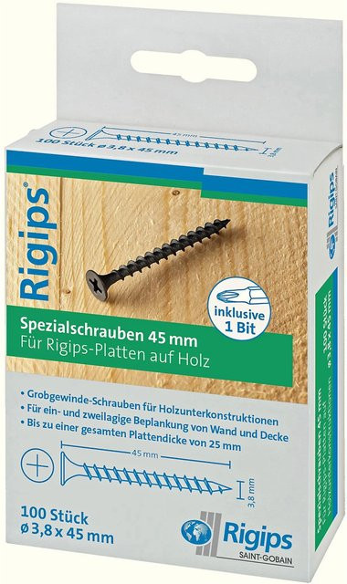 Rigips Grobgewindeschrauben für Holz, Schwarz, 100 Stück, Durchmesser: 3,8 mm, Länge: 45 mm - Bild 1