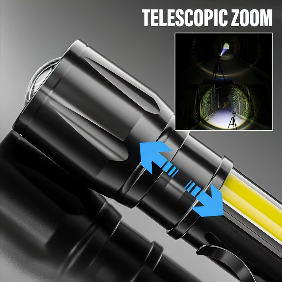 Heinast Mini LED Camping Taschenlampe mit COB und XPE, USB aufladbar, schwarz, tragbare taktische Laterne mit Zoom und Stift-Clip - Bild 4