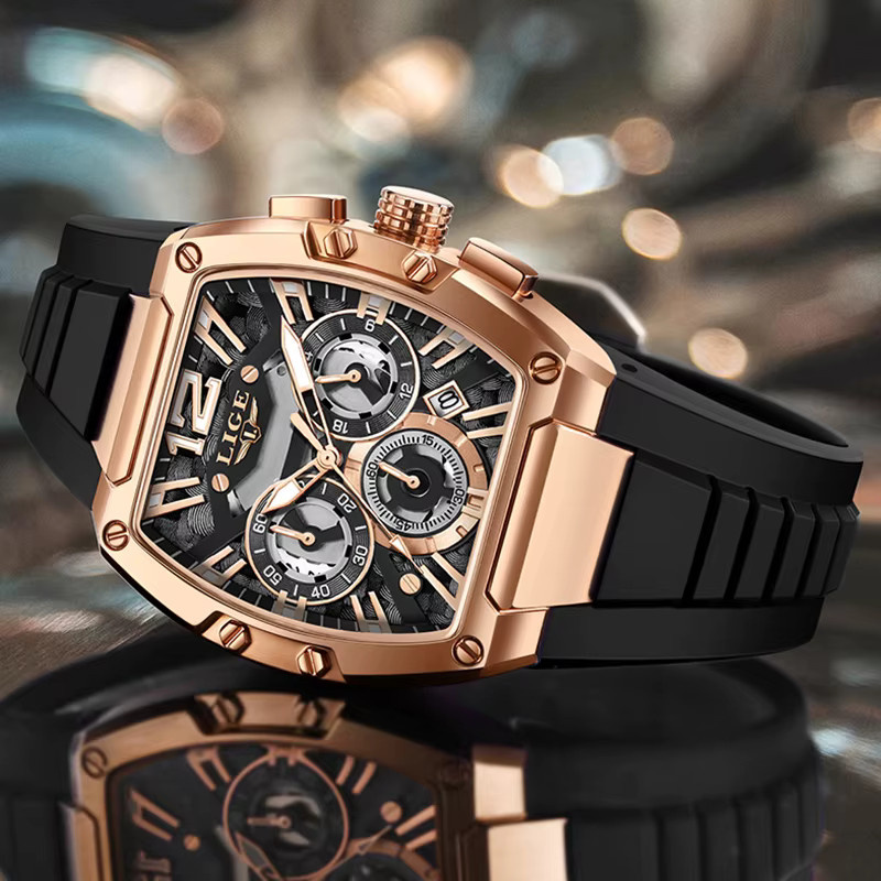 LIGE Chronograph Armbanduhr, Quarz, Blau, Roségold, Silber, Silikon, Herren - Bild 3