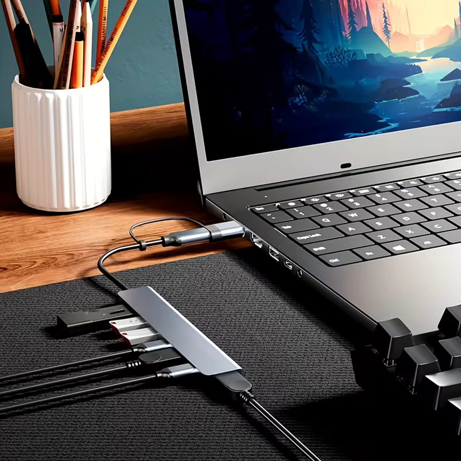 HUB7-in-1 USB-C Splitter aus Aluminiumlegierung mit 2 USB-C und 5 USB-A Anschlüssen, 5 Gbit/s, Ultra Slim, Farbe: Silber/Grau - Bild 4