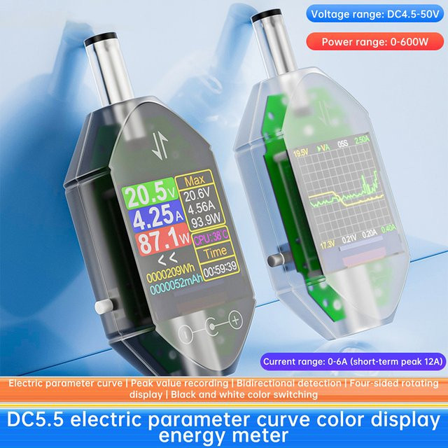 Gaqqee DT550 DC Digitales Voltmeter, Amperemeter und Wattmeter in Schwarz und Transparent mit DC 5,5 x 2,5 mm Anschluss - Bild 1
