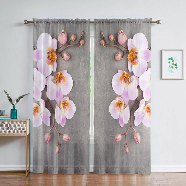 Phalaenopsis Transparente Voile Gardine mit floralem Muster aus Chiffon-Tüll, Grau, Breite: 100 cm, Höhe: 250 cm - Bild 1