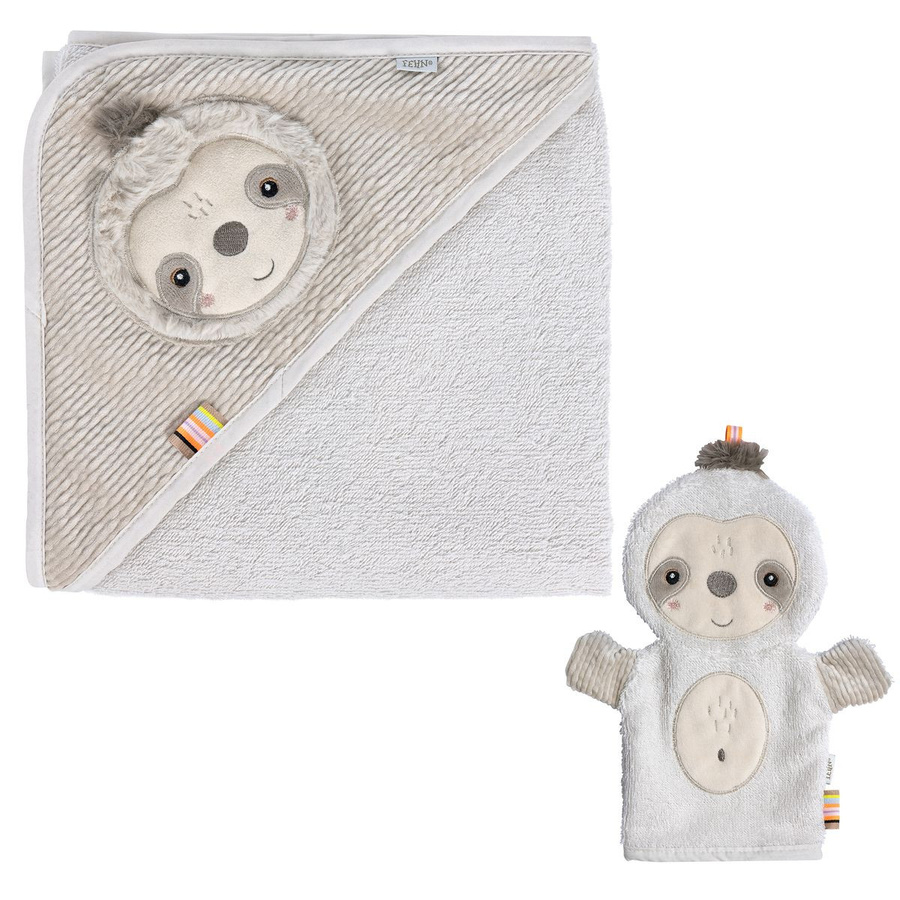 Fehn 2-tlg. Bade-Set für Babys mit Kapuzenbadetuch und Waschhandschuh, Grau, Faultier-Motiv, aus Baumwoll-Terry - Bild 1