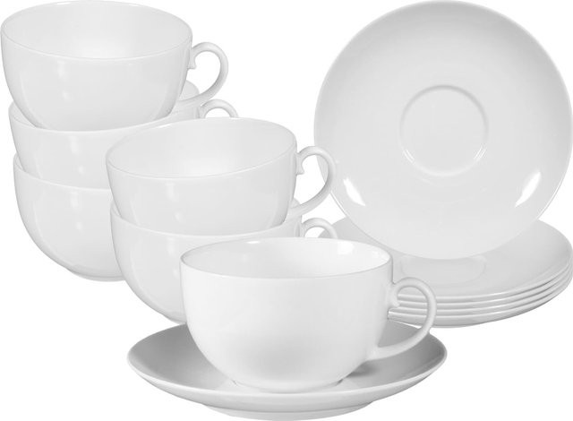 Seltmann Weiden Milchkaffeetassen mit Untertassen Rondo/Liane aus Porzellan, Weiß, 6er Set, 0,35 l pro Tasse - Bild 1