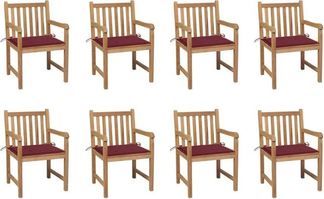 8er Set vidaXL Gartenstühle aus Teakholz mit weinroten Polsterkissen in Braun und Rot - Bild 1