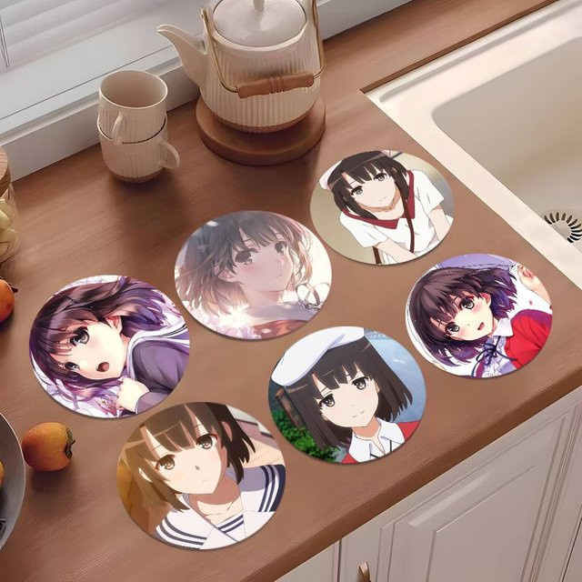 Runder Holzuntersetzer mit Megumi Kato Cartoon-Anime-Motiv von Bilibili, Durchmesser: 10 cm, Mehrfarbig - Bild 1