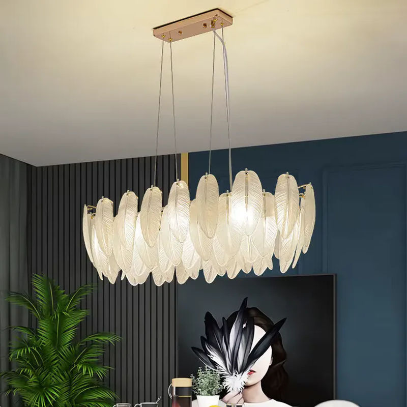 MZISOSOD Moderne Pendelleuchte Feder-Design aus Glas und Metall in Gold und Transparent mit E14 Fassung für Wohnzimmer und Schlafzimmer - Bild 3