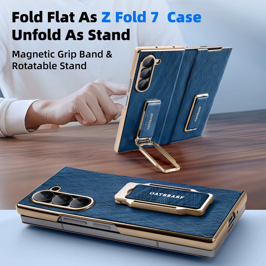 Eary Dual Grip Lederhülle für Samsung Galaxy Z Fold 7 mit Handschlaufe und 360 Grad drehbarem Ständer in Blau oder Silber - Bild 3