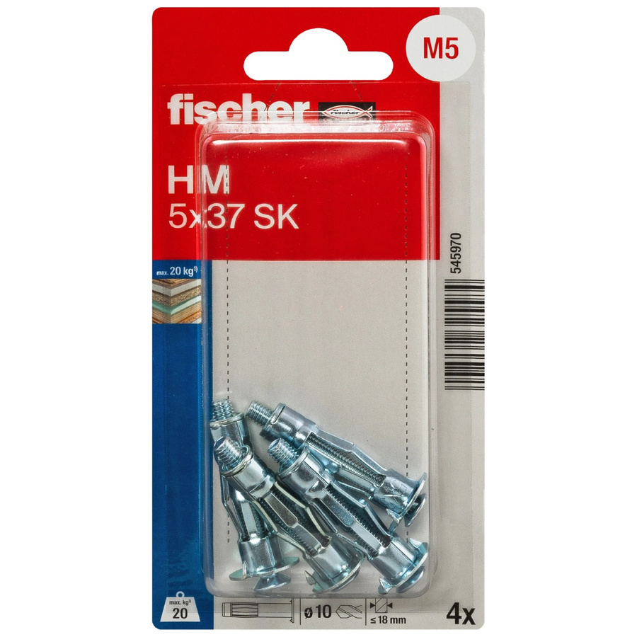 Fischer Hohlraum-Metalldübel HM SK aus Stahl in Silber mit metrischer Schraube, Durchmesser: 5 mm, Länge: 37 mm, 4 Stück - Bild 2