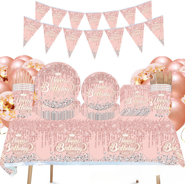 10-teiliges Party-Set in schillerndem Rosa mit Tellern, Servietten, Tischdecke und Couverts für Kindergeburtstage - Bild 1