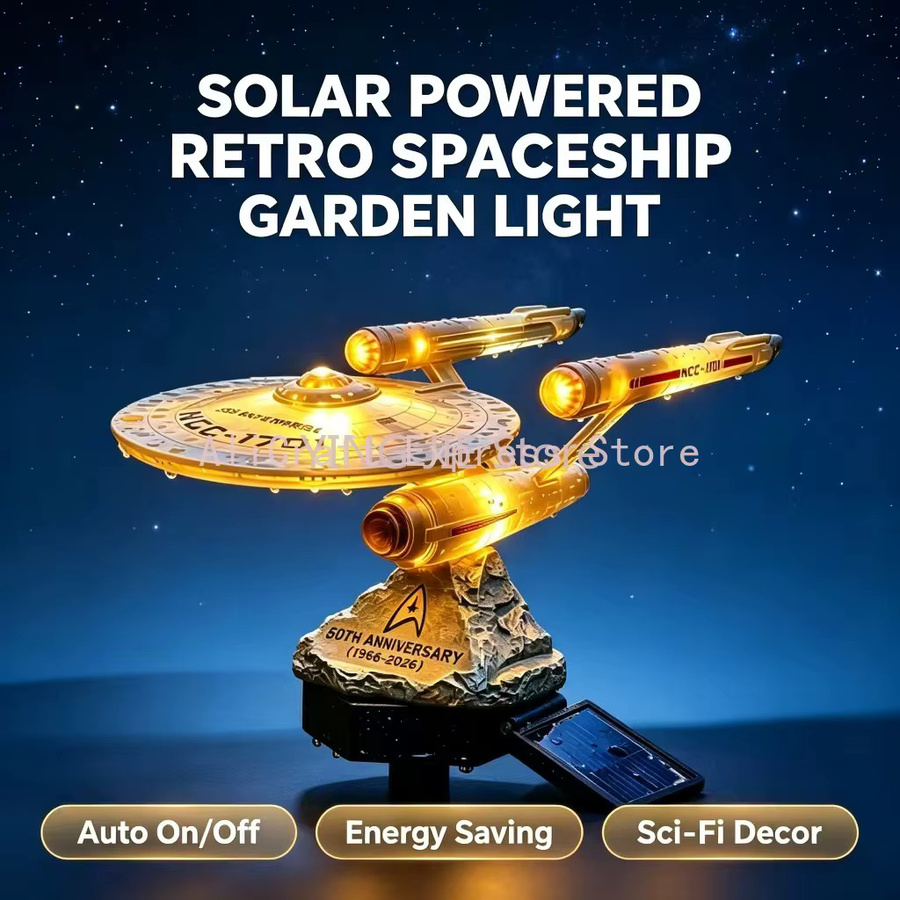 Retro Sci-Fi Raumschiff Solar-Gartenleuchte aus Harz mit warmweißer LED, IP65 wasserdicht, Farbe Gold/Messing - Bild 2