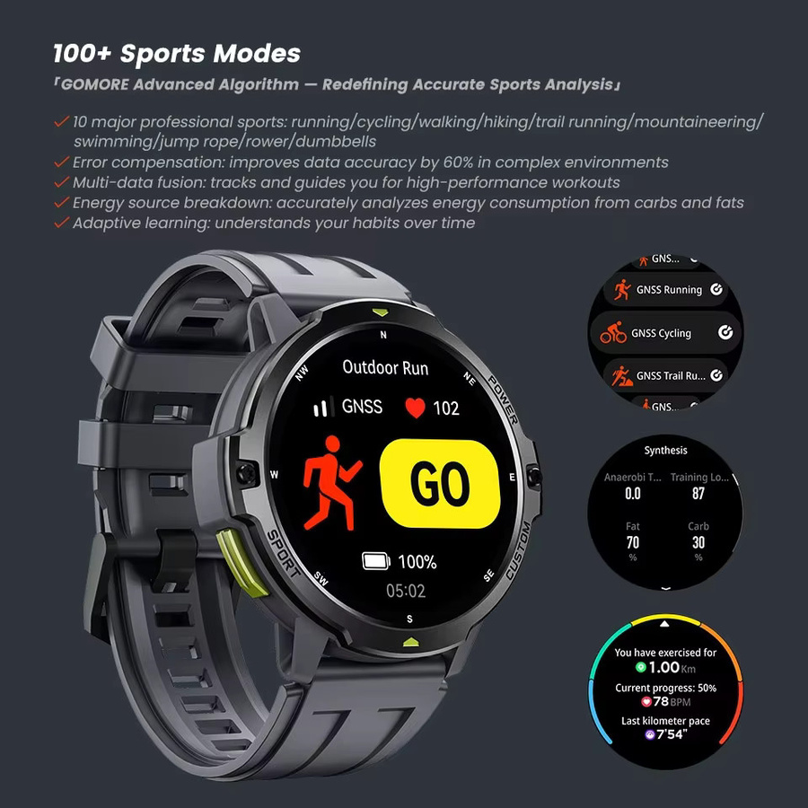 MISIRUN Smartwatch, GPS, 3 ATM, Silikon, Schwarz, Herren - Bild 4