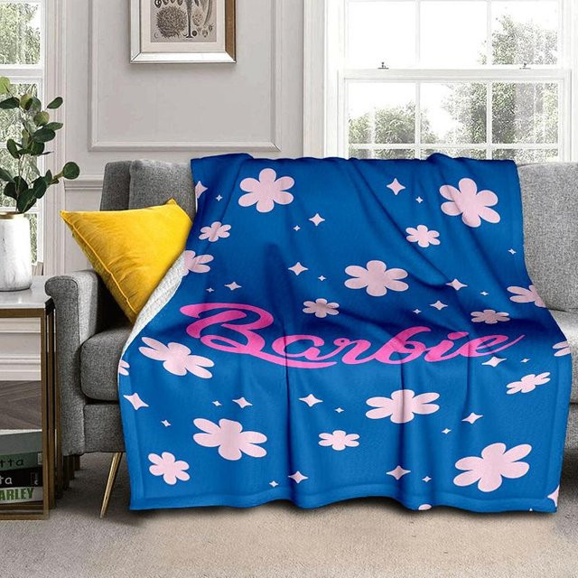 Barbie Cartoon Flanell-Decke mit Blumen-Glitzer-Design in Blau und Rosa, B/B: 130 x 150 cm - Bild 1