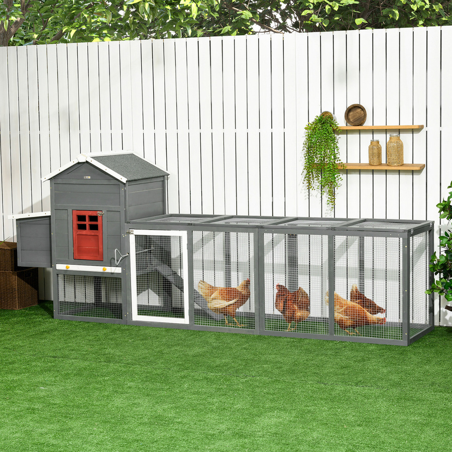 PawHut Großes Hühnerhaus aus Holz in Grau mit Nistkasten, Auslauf, Bitumendach und Rampe für 3-6 Hühner oder Kaninchen, B/T/H: 300 x 66 x 116 cm - Bild 2