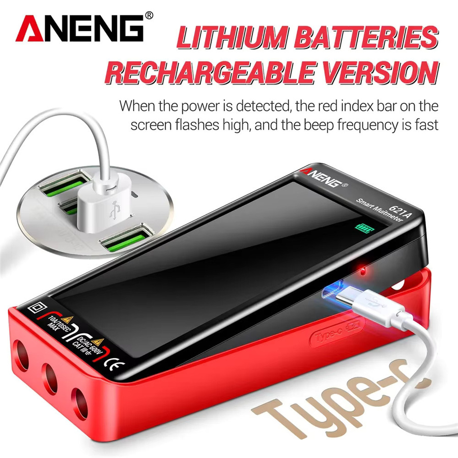ANENG Digitales Multimeter mit Touchscreen, wiederaufladbar, 9999 Counts, Tester für AC/DC-Spannung, Strom, Kondensator und Transistor, Farbe: Rot - Bild 3