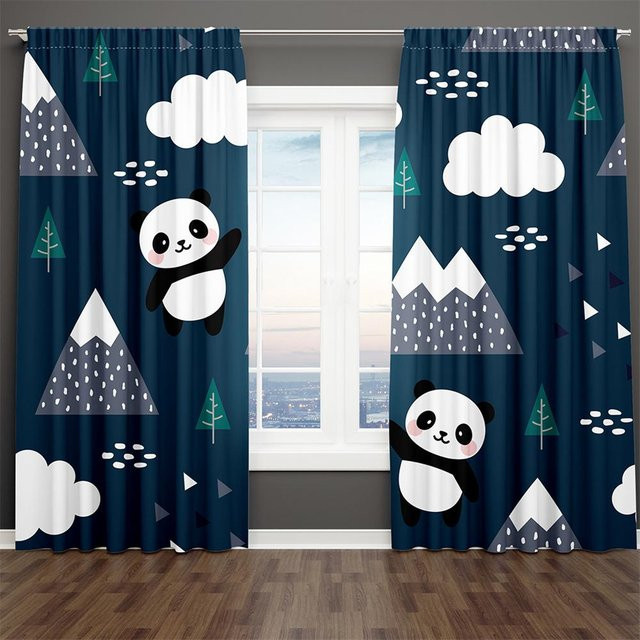 Yiran Furniture 2er-Set halbtransparente Vorhänge mit Panda-Motiv und Bambus-Design, grün und blau, B: 100 cm, H: 130 cm - Bild 1