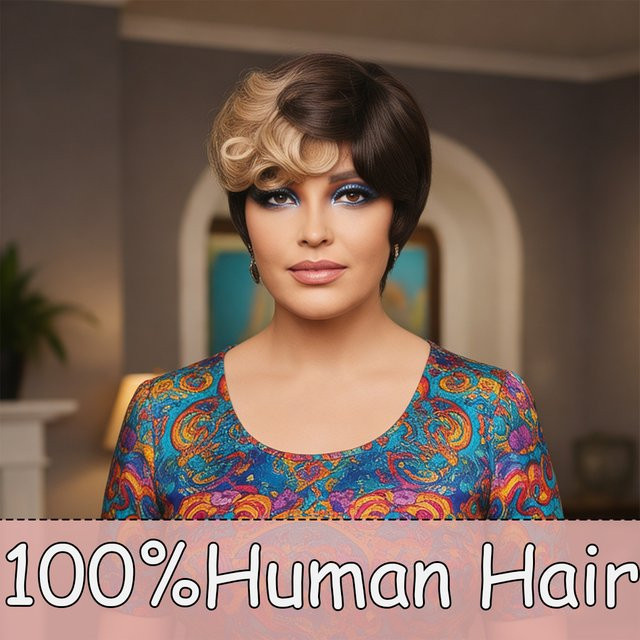 OYM HAIR Echthaar-Perücke, Pixie-Schnitt mit Pony, Gold Ombre, Damen - Bild 1