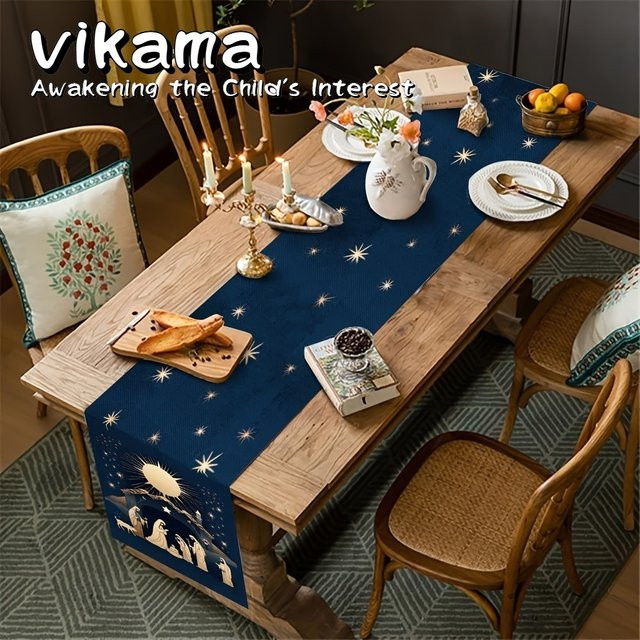 VIKAMA Farmhouse Tischläufer aus Leinen in Blau mit Sternen für Weihnachten und Thanksgiving, B/H: 90 x 33 cm - Bild 1