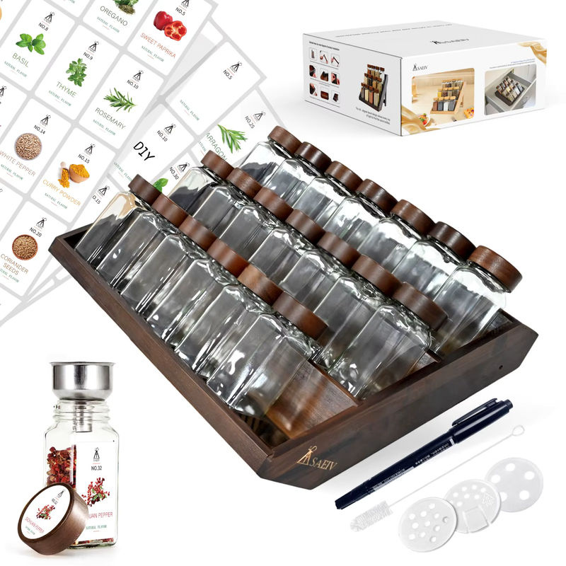 SAEIV Gewürzflaschen-Set aus Glas mit Gewürzregal aus Acacia-Holz, transparent und braun, inklusive Etiketten, 120 ml pro Flasche - Bild 7