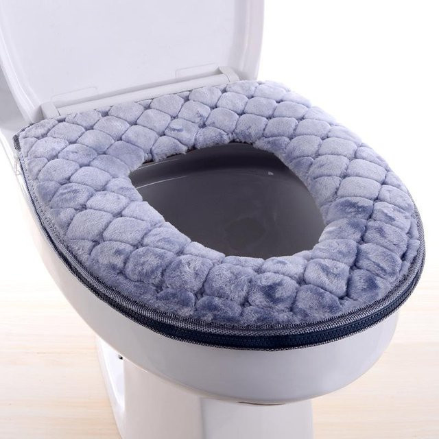 Premium Toilettensitz Bezug aus warmem Plüsch in Grau, wasserdicht und waschbar mit Reißverschluss für ovale Toilettenringe - Bild 1