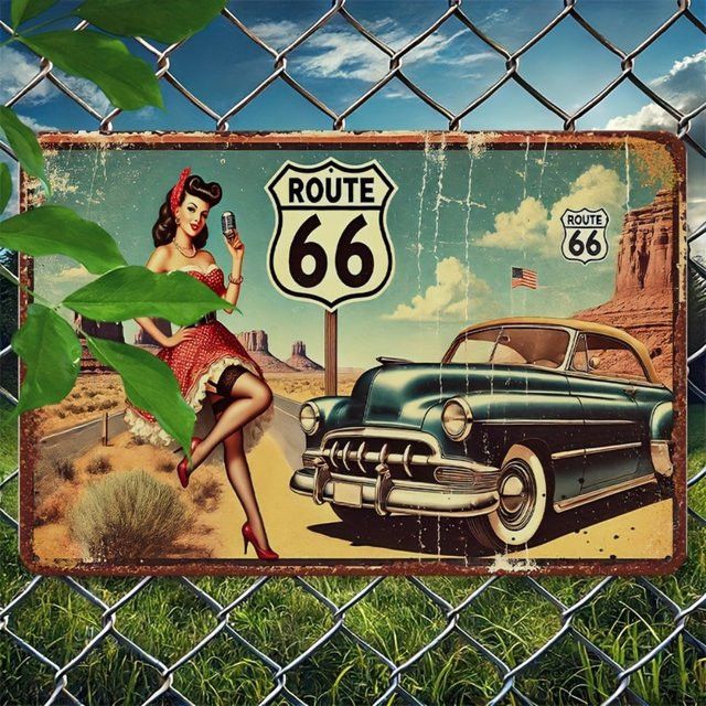 HELLOYOUNG Vintage Route 66 Eisen-Metallschild als Retro Wanddekoration für Zuhause, Küche oder Bar, Rechteckig - Bild 1