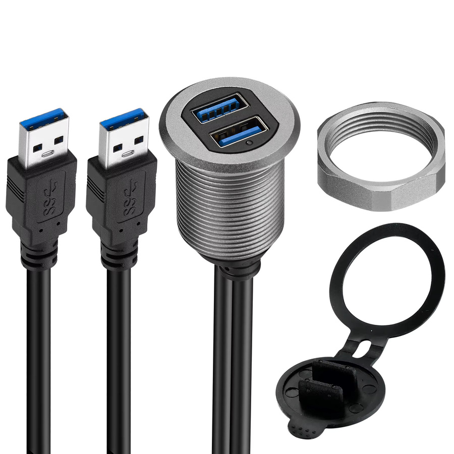 Bochara Unterputz-Panel USB-Verlängerungskabel mit Dual USB 3.0 und USB 2.0 Steckern in Silber aus Aluminiumlegierung mit Kontrollleuchte für dein Auto - Bild 2