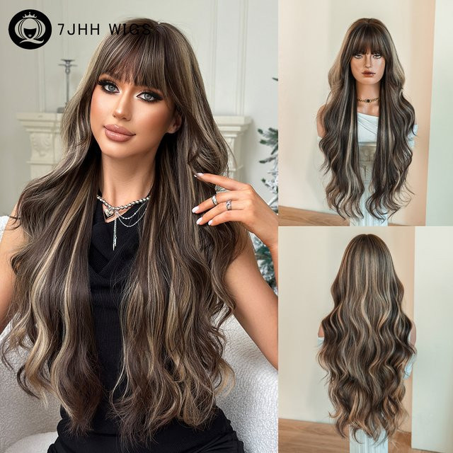 7JHH WIGS Perücke, Lange Wasserwellen, Braun mit Blonden Highlights, Damen - Bild 1