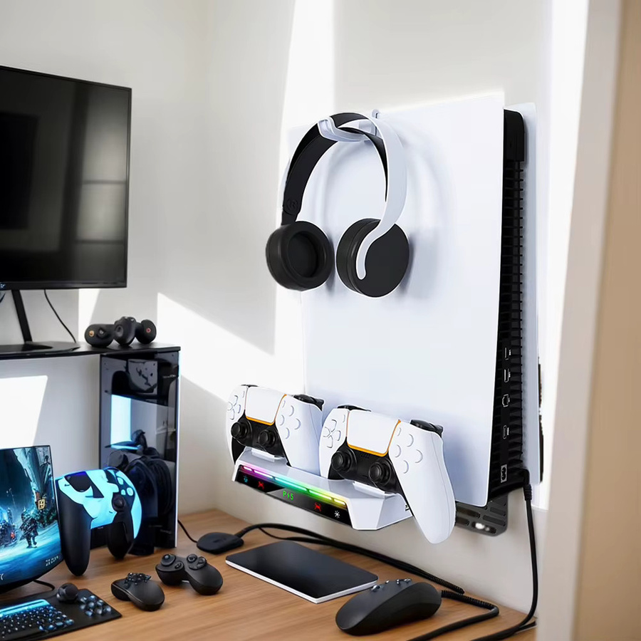 Wandhalterung und Ständer für Sony PlayStation PS5 und PS5 Pro Slim inklusive Controller-Ladegerät in Weiß und Sand - Bild 4