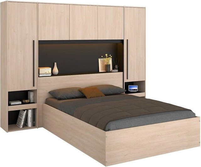 Vente-unique Bett Velona mit Bettkasten und Unterbettbeleuchtung in Schwarz und Naturfarben Hell, B/T/H: 265,8 x 140 x 190 cm - Bild 1