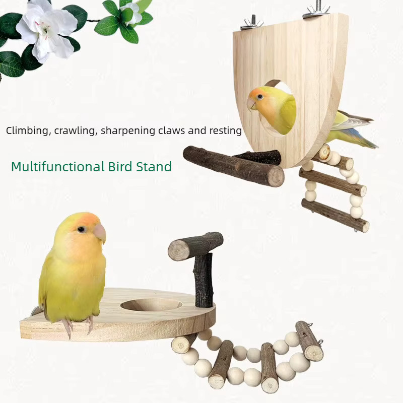 HATELI Papageienspielzeug aus Holz in Braun mit T-förmigem Vogelständer, Schleifstab, Leiter und Plattform zur Nahrungssuche - Bild 2
