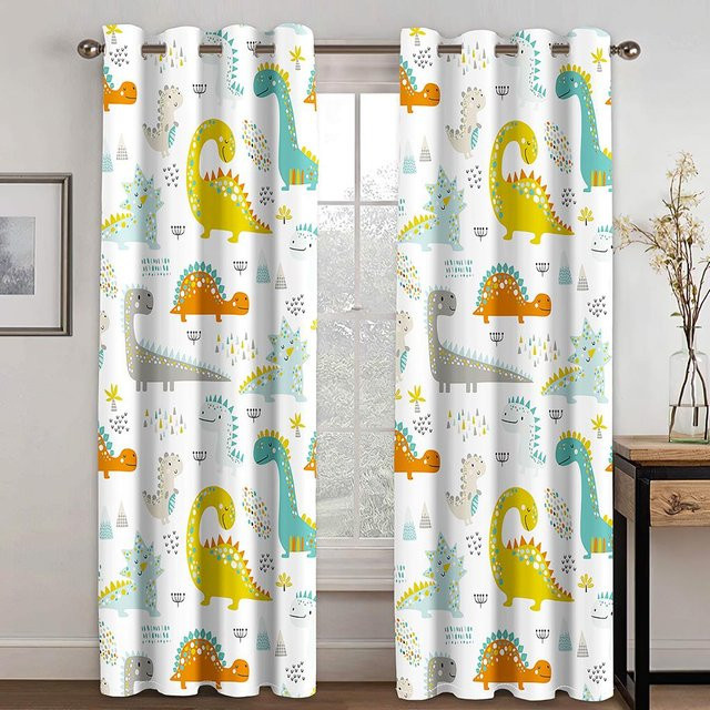Cartoon Dinosaurier Vorhänge für Kinderzimmer und Wohnzimmer, 2er-Set, halbtransparent, Mehrfarbig, B: 65 cm, H: 60 cm - Bild 1