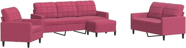 vidaXL 4-teilige Sofagarnitur aus Samt in Weinrot mit 3-Sitzer-Sofa, 2-Sitzer-Sofa, Sessel und Fußhocker sowie Metallgestell - Bild 1