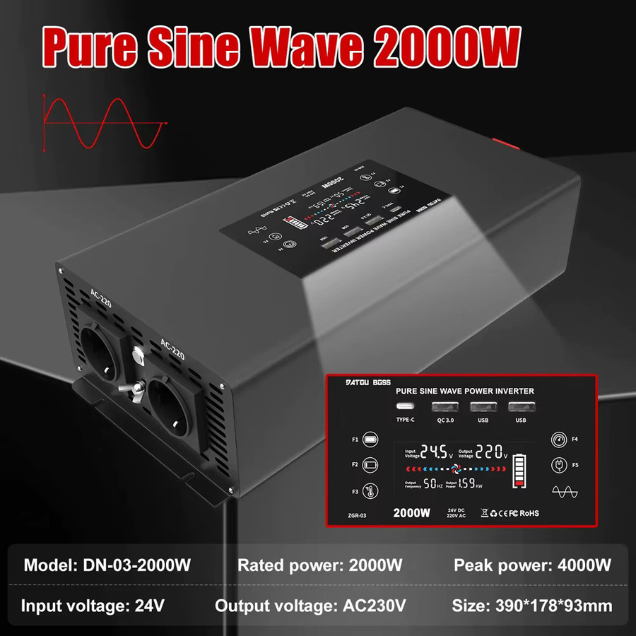 DATOUBOSS Reiner Sinus-Wechselrichter 2000W DC zu 220V/230V AC mit USB und LCD, 12V/24V DC, Schwarz - Bild 2