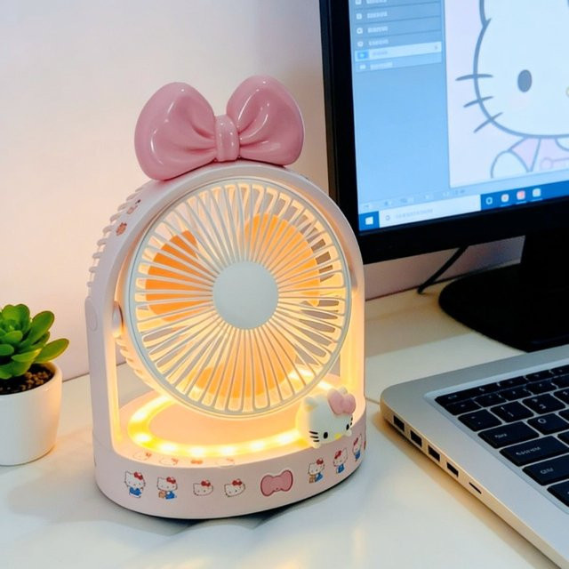 Bandai Hello Kitty USB-Elektroventilator mit Anime-Cartoon-Druck und Nachtlicht in Pink - Bild 1