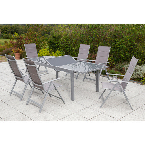 Merxx Gartenmöbelset Taviano 7-teilig mit ausziehbarem Tisch und 6 Klappsesseln aus Aluminium und Textil in Silber, Anthrazit, Grau und Braun, Tisch Breite: 160 cm bis 220 cm, Tiefe: 90 cm - Bild 2