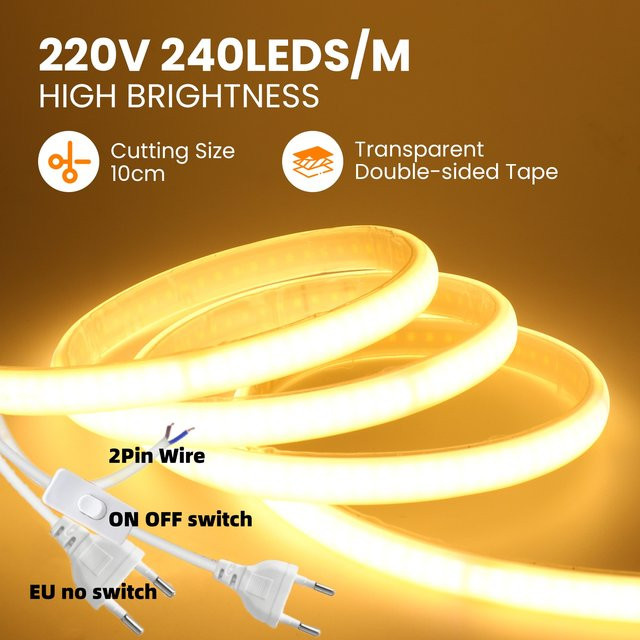 HEGEHE COB LED Neon Streifen IP65 mit 240 LEDs pro Meter, 230V, Weiß, flexibler Klebestreifen mit EU-Stecker - Bild 1