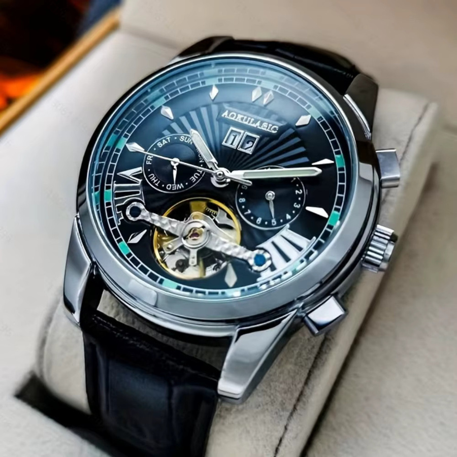 AOKULASIC Armbanduhr Automatik, Edelstahl, Leder, Schwarz, Herren - Bild 1