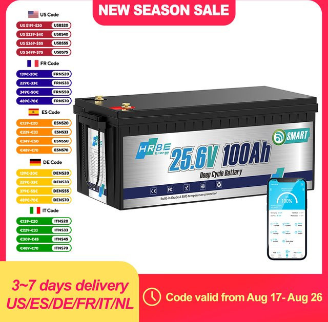 HRBEEnergy 24 V 100 Ah LiFePO4-Lithiumbatterie mit integriertem 100 A BMS in Schwarz für Wohnmobil, Solar und Overlanding - Bild 1