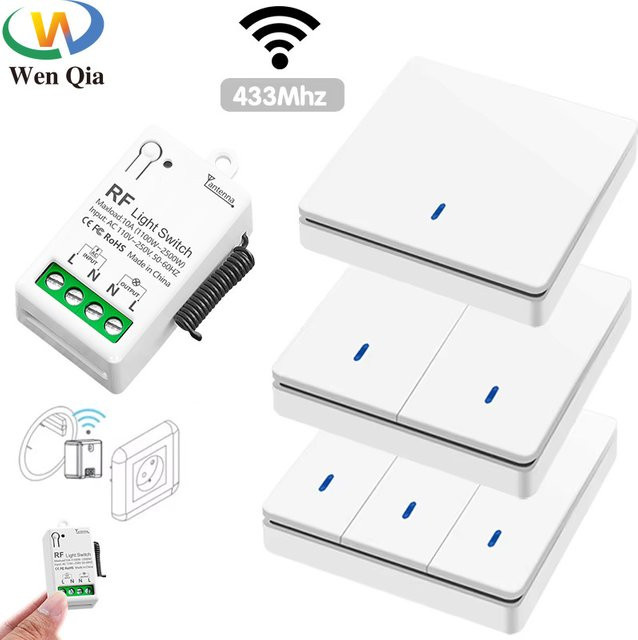 WenQia Wireless Smart Switch RF 433 MHz Wand Panel Schalter mit Fernbedienung und Mini Relais Empfänger für LED Licht und Ventilatoren, Weiß - Bild 1