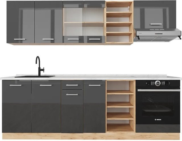 Vicco R-Line Küchenzeile in Anthrazit Hochglanz und Goldkraft Eiche mit Marmor-Optik, Breite: 240 cm - Bild 1