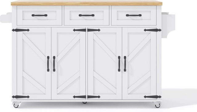okwish Kücheninsel mit klappbarer Arbeitsplatte in Weiß, modern mit 4 Türen, Schubladen und 5 Rollen, B/T/H: 140 x 43 x 90,5 cm - Bild 1