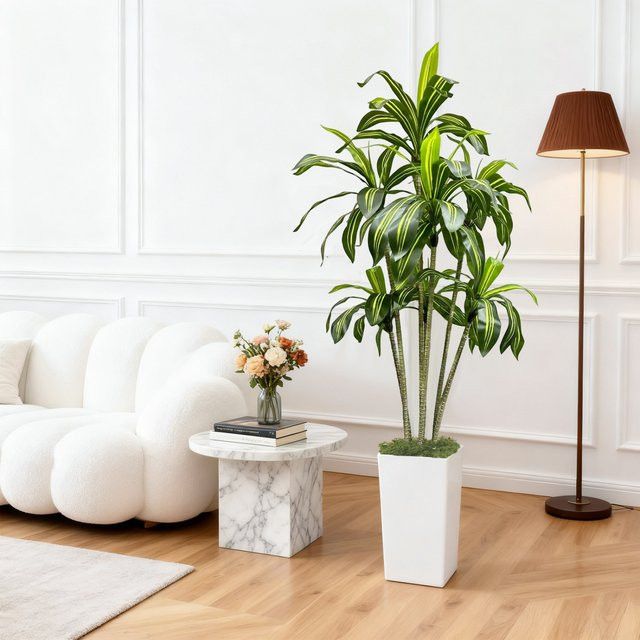 Künstlicher Dracaena-Baum von HiMISS in Grün und Weiß mit weißem hohem Pflanzgefäß zur Dekoration für dein Zuhause oder dein Büro - Bild 1