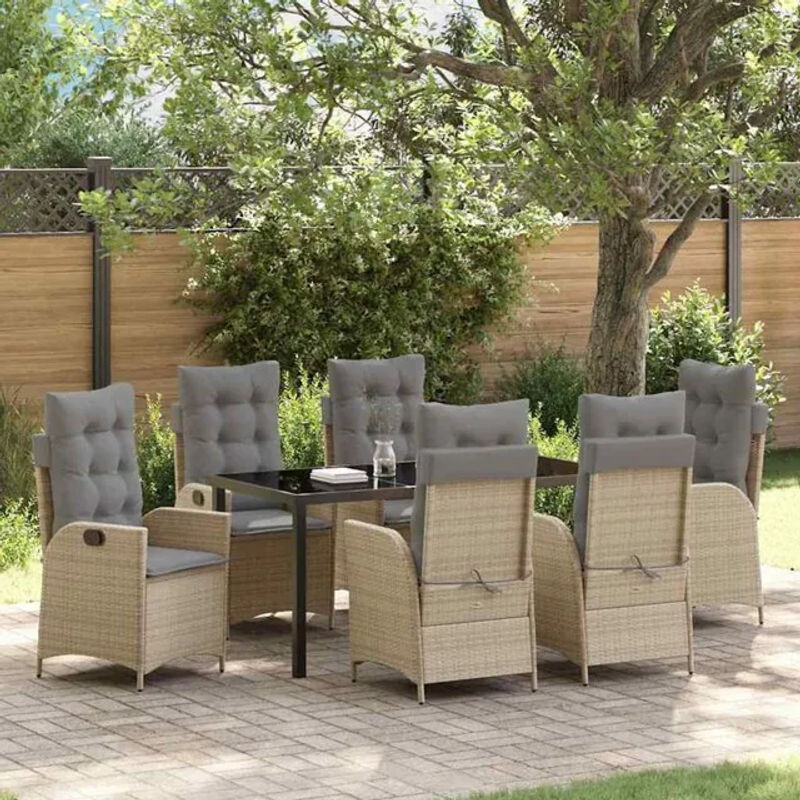 Moderne Garten Essgruppe aus Poly-Rattan und Metall mit Glastisch in Beige von vidaxl, 7-teilig - Bild 1