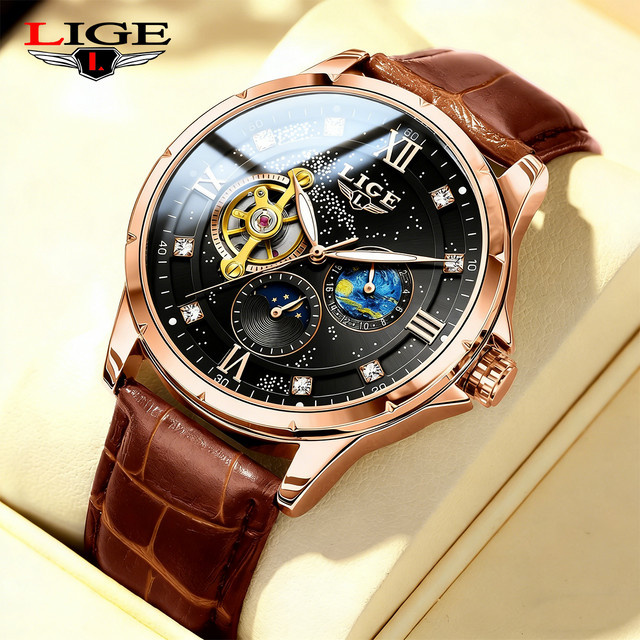 LIGE Armbanduhr Automatik, Leder, Roségold, Schwarz, Herren - Bild 1