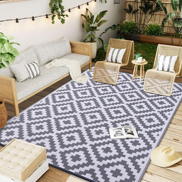 Karpetti Outdoor Teppich Grau, Wasserdicht und Rutschfest, Geometrisches Design, B/B: 60 x 40 cm - Bild 1