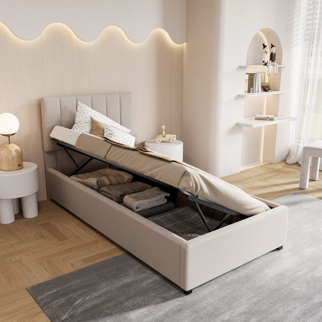 Anajqaqia Einzelbett für Kinder mit hydraulischem Stauraum und Lattenrost aus Samt, B/L: 90 x 200 cm, Farben: Pink und Beige - Bild 1